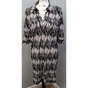 Sandra Darren Shift Dress Womens 6 Black Geometric 3/4 Sleeve Collared‎ Pullover